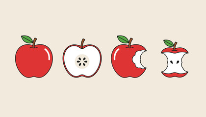 Obraz premium Four illustrations of a red apple in various stages of consumption, from a whole fruit to a partially eaten apple and a final core.