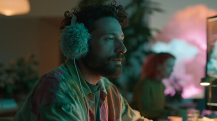 Naklejka premium Man with curly hair and a beard wearing a pair of white earmuffs. he is sitting in front of a computer monitor and appears to be working on a project.