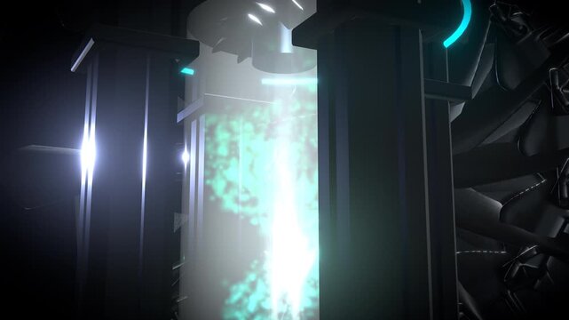 Dramatic vertical crane shot descending into a Eco-friendly decarbonization turbine featuring a glowing green and cyan clean tech.