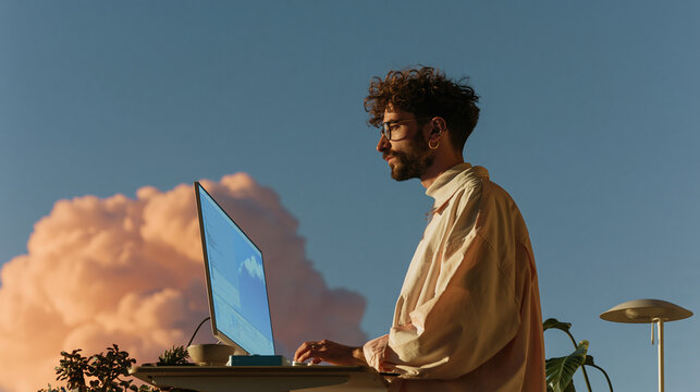 Man standing in front of a laptop computer on a desk. he is wearing a beige shirt and has curly hair and glasses. the laptop screen is turned on and the man is looking at it intently.