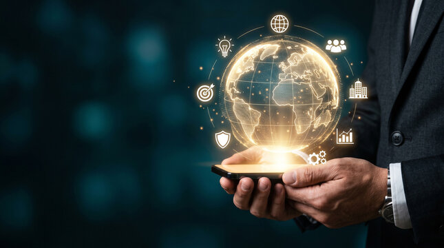 Businessman Holding Tablet With Glowing Global Network Connection