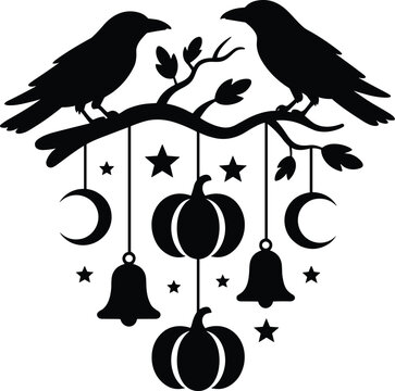 Two crows perched on branch with hanging pumpkins, bells, moons, and stars