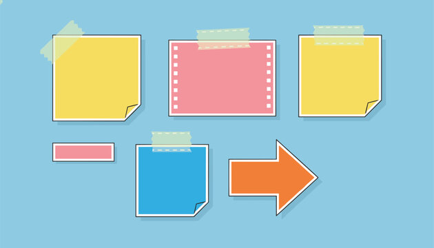 Collection of colorful sticky notes with tape and an orange arrow, used for organization, brainstorming, and planning, on a blue background.