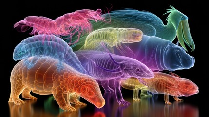 Naklejka premium Nine unique animals glow in bright colors on a black background, creating a vivid display of their forms and features in one scene.