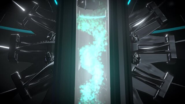 Perfectly seamless loop observing a Eco-friendly decarbonization turbine featuring a glowing green and cyan clean tech reactor.