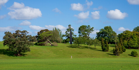 Fototapeta premium Expansive green lawn with modern sculpture and trees in Auckland Domain, Auckland, New Zealand, 1 January 2024