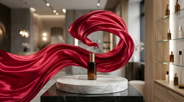 Luxury Cosmetic Bottle on White Marble Podium with Dynamic Crimson Satin Splash