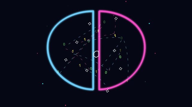 Abstract Digital Background with Neon Semicircles and Binary Code Data