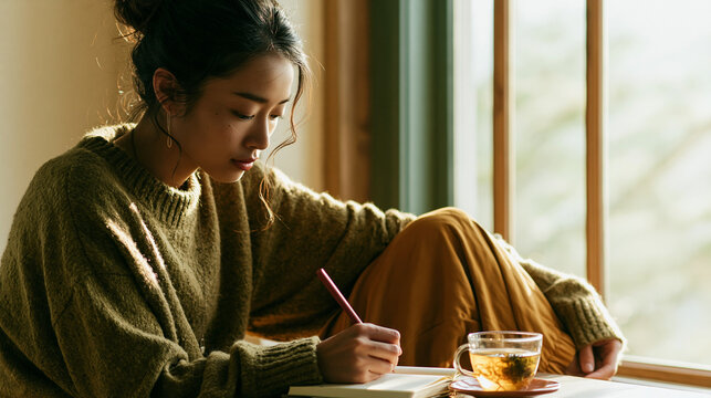 Mindfulness and self-reflection at home, woman writing in journal in soft morning light for wellness lifestyle concept