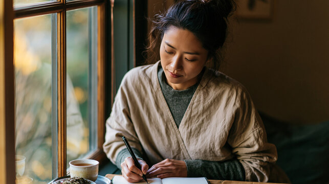 Calm Asian woman journaling by sunlit window in the morning, mindful self-care and mental wellness routine for stress relief