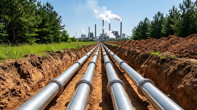 New large diameter pipelines are installed in a trench for water or gas distribution with industrial power plant in background.