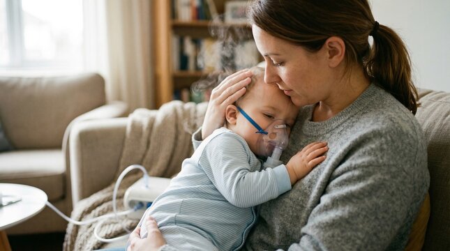 Caring mother comforting sick baby using nebulizer at home, pediatric respiratory treatment and family healthcare