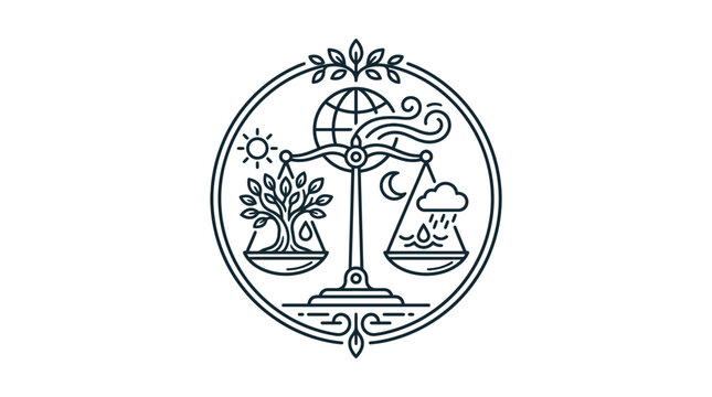 Creative Black and White Line Art Seal Featuring Balanced Scales Tree Rain Sun Moon Globe and Nature Elements