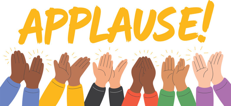 Vector illustration of diverse crowd clapping hands with yellow applause typography lettering isolated on white background