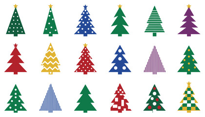 Obraz premium A collection of eighteen colorful christmas trees with various patterns and designs on a plain white background for holiday decor.