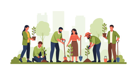 Fototapeta premium Community Volunteers Planting Trees in Urban City Park Vector Illustration