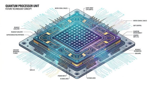 Concept design of quantum processor unit with details of micro-canal cables and data flow in high-tech layout