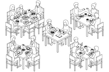Obraz premium Isometric Restaurant Interior with People Dining Line Illustration
