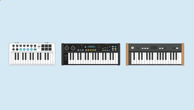 Set of three professional musical MIDI keyboard controllers with different layouts and features on a light blue studio background.