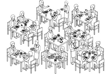 Obraz premium Restaurant Seating Layout with Dining People Line Art