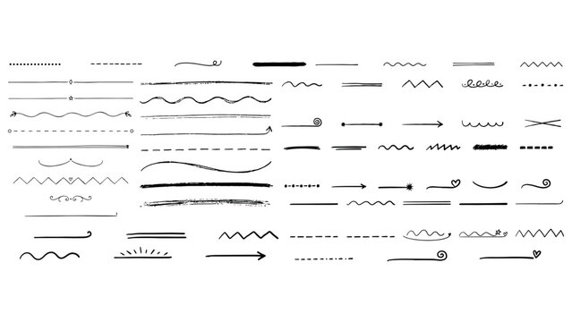 Collection of hand drawn divider lines and borders isolated on transparent background for decorative text separation and creative graphic design layouts.