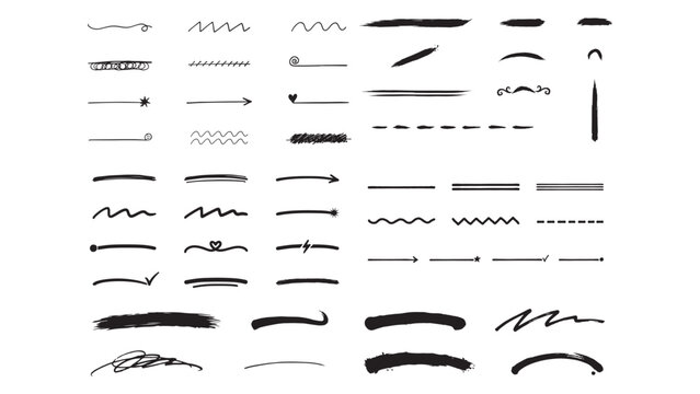 Decorative hand drawn dividers and underline strokes set with brush textures zigzag lines dots hearts and stars for creative typography and page design.