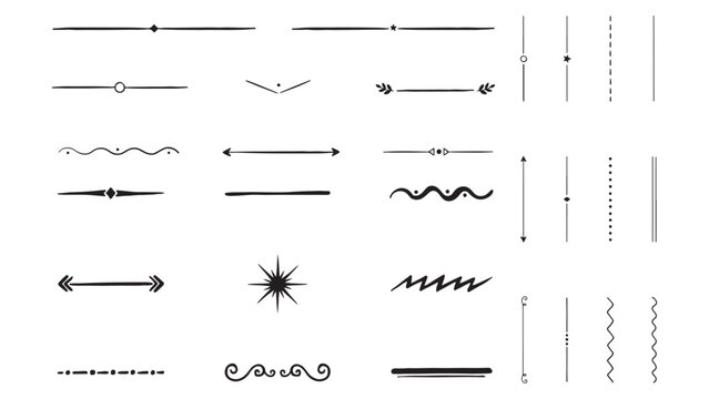 Minimalist hand drawn line dividers set featuring geometric shapes dots leaves and arrows for elegant page breaks and document layout design elements.