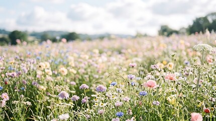 Fototapeta premium Beautiful colorful wildflowers blooming in a summer meadow under a bright sunny blue sky and clouds