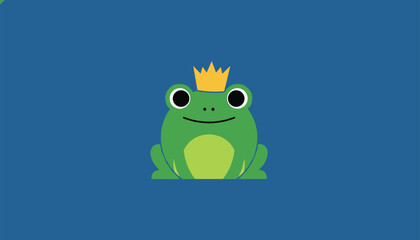 Fototapeta premium Small green frog with a golden crown, portrayed in a simple flat illustration style against a deep blue background for a fairy tale theme.