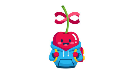 Fototapeta premium Cute Cherry Character with Backpack, Happy Face, and Bow Tie