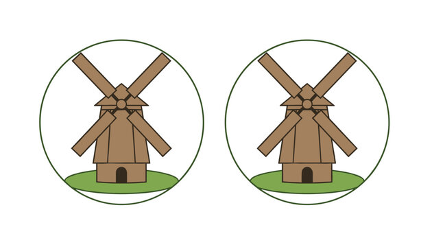 Two traditional wooden windmills side by side inside circular frames representing rural landscapes and renewable energy history.