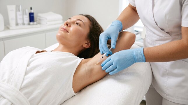 A professional aesthetician performs a botox injection on a young woman armpit to reduce excessive sweating inside a clean medical clinic