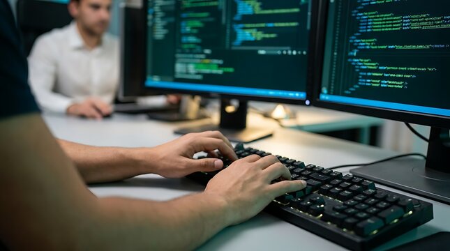 Software developers working together on computer code on multiple monitors, programming teamwork and collaboration in modern office setting, close up on hands typing keyboard.