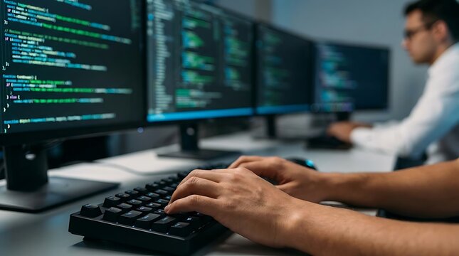 Software developers working together on computer code on multiple monitors, programming teamwork and collaboration in modern office setting, close up on hands typing keyboard.