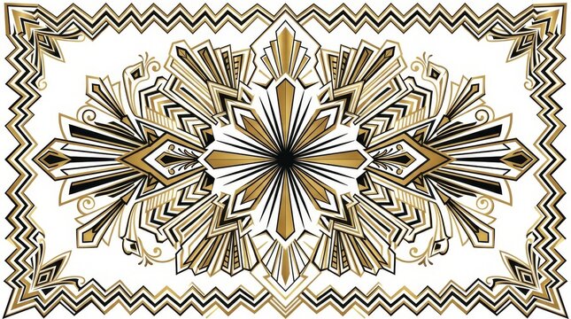 Art Deco ornamental frame with gold and black geometric patterns, vintage 1920s style symmetrical border, elegant Gatsby inspired decorative background