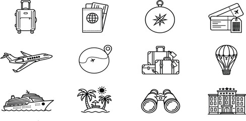 Fototapeta premium Travel, tourism and vacation outline vector icon set.