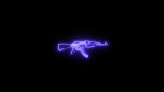 Purple neon glowing assault rifle weapon concept with AK-47 gun line art outline on an isolated dark black background
