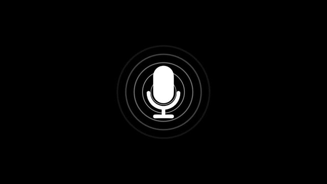 White microphone icon with subtle sound wave rings on an isolated dark black background for podcast, audio recording, and live broadcasting concept