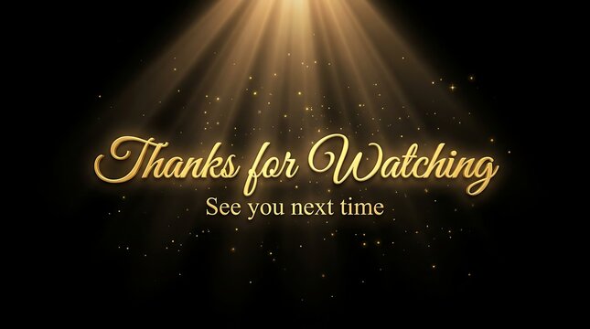 Thanks for watching text with golden light rays and sparkling particles on black background for video end screen and presentation closing montage showing appreciation and see you next time message.