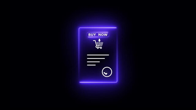 Purple neon glowing e-commerce shopping invoice concept with buy now button and shopping cart icon on a dark black background