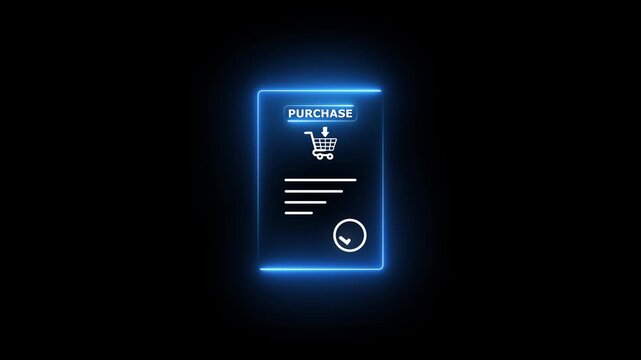 Blue neon glowing e-commerce digital invoice concept with purchase button, shopping cart icon, and completed checkmark symbol on a dark black background