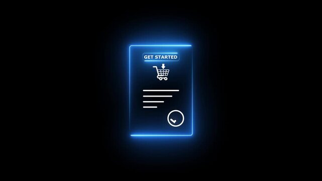 Blue neon glowing digital concept with get started button, shopping cart icon, and completed checkmark symbol on a dark black background