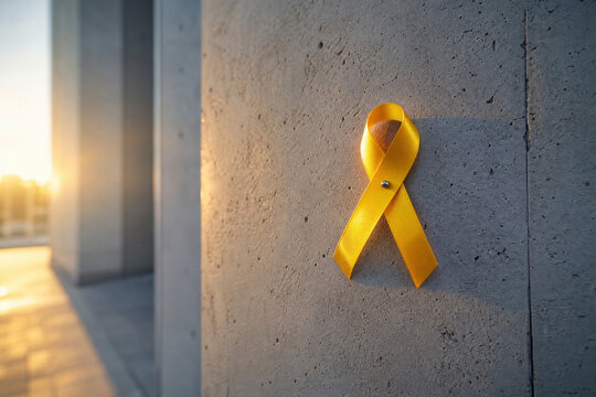 La&ccedil;o amarelo fixado em parede de concreto moderna durante o p&ocirc;r do sol, conscientiza&ccedil;&atilde;o urbana.