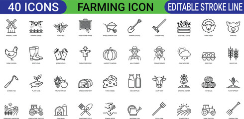 Farming agriculture livestock line art icons set, tractor, windmill farm, scarecrow, garden shovel, watering can, wheelbarrow, web icon, app icon, outline icon, editable stroke, line art, vector EPS © mdjalal