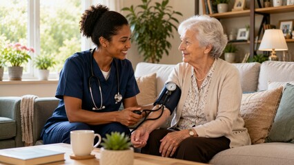 Fototapeta premium Home Healthcare Nurse Measuring Blood Pressure of Senior Woman at Home