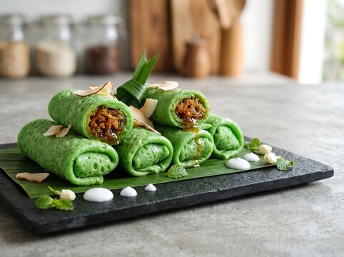 Dadar Gulung Indonesian Sweet Green Pancakes with Grated Coconut Filling