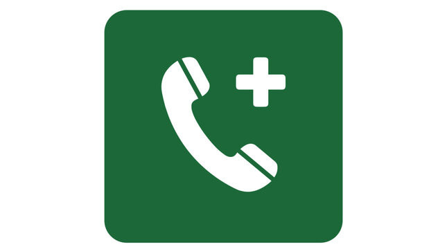 Green emergency call button icon with phone receiver and plus sign.