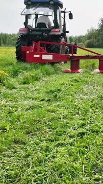 Rear view footage of a tractor driving away while performing hay cutting for silage production. A rotary disc mower with dual drums is attached at the rear, cutting grass and forming a windrow behind