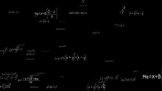 math theory formulas isolated flying alpha channel animation,  mathematics calculations ,algebra and geometry science education stream social media motion design element