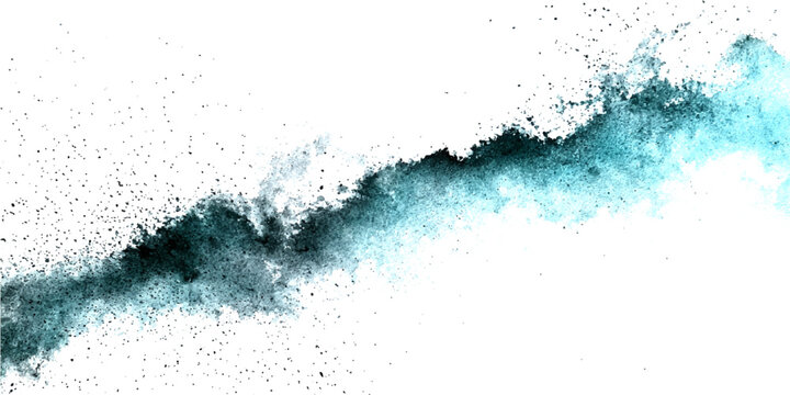 Explosion of vibrant turquoise powder dust clouds creating an abstract dynamic wave effect against a clean white background, ideal for graphic design elements 